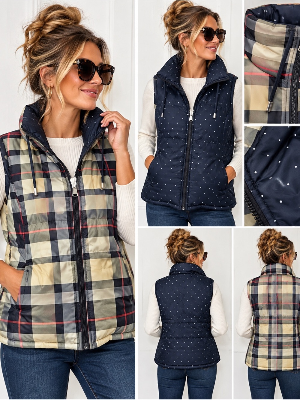 Reversible Quilted Vest Yellow Plaid & Navy Polka Dot Sz M / L
